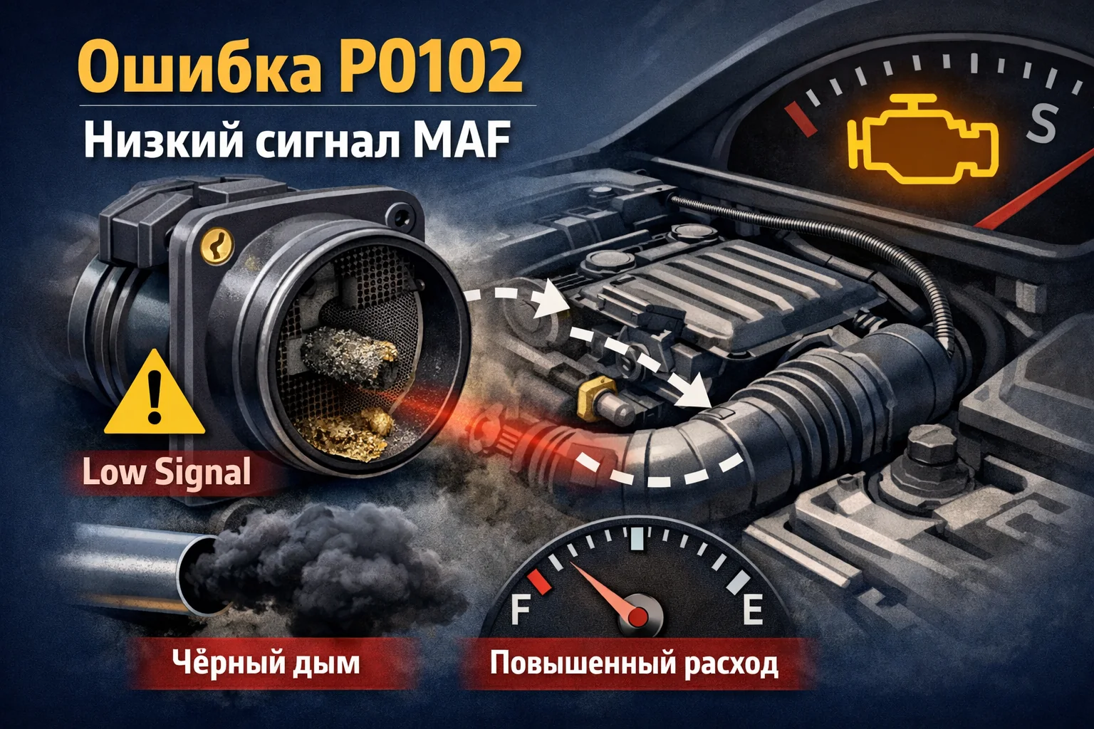 Ошибка P0102 — низкий сигнал датчика MAF: почему мотор тупит и что проверять