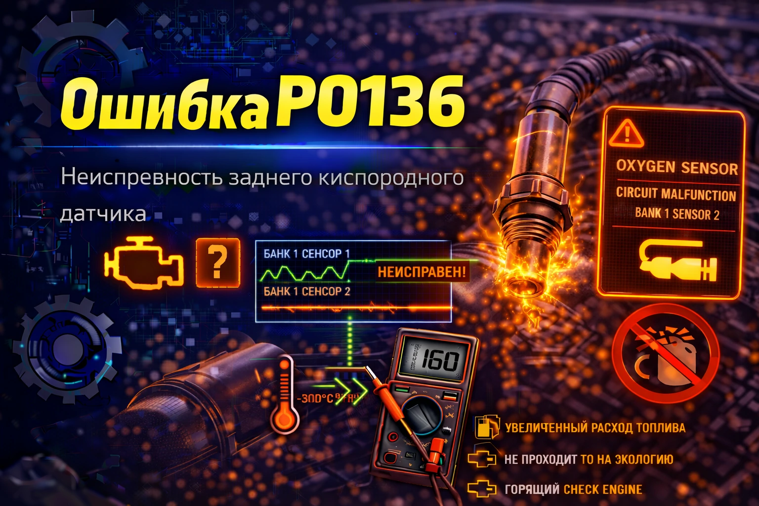 Ошибка P0136 — неисправность цепи лямбда-зонда Bank 1 Sensor 2: когда задний датчик после катализатора перестаёт давать системе нормальную картину по выхлопу