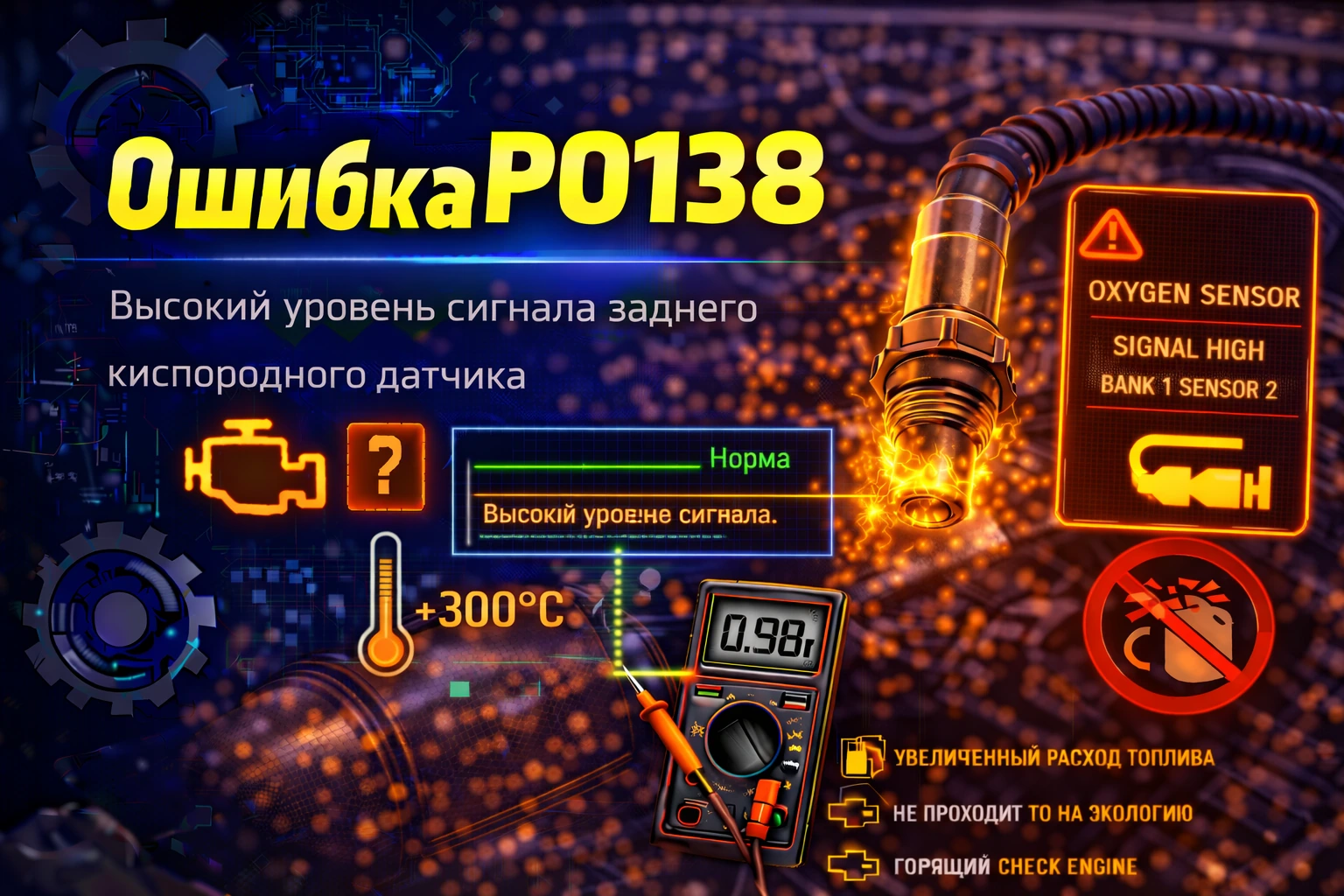 Ошибка P0138 — высокий сигнал лямбда-зонда Bank 1 Sensor 2: когда задний датчик после катализатора начинает видеть слишком “богатую” картину и сбивает оценку выпуска