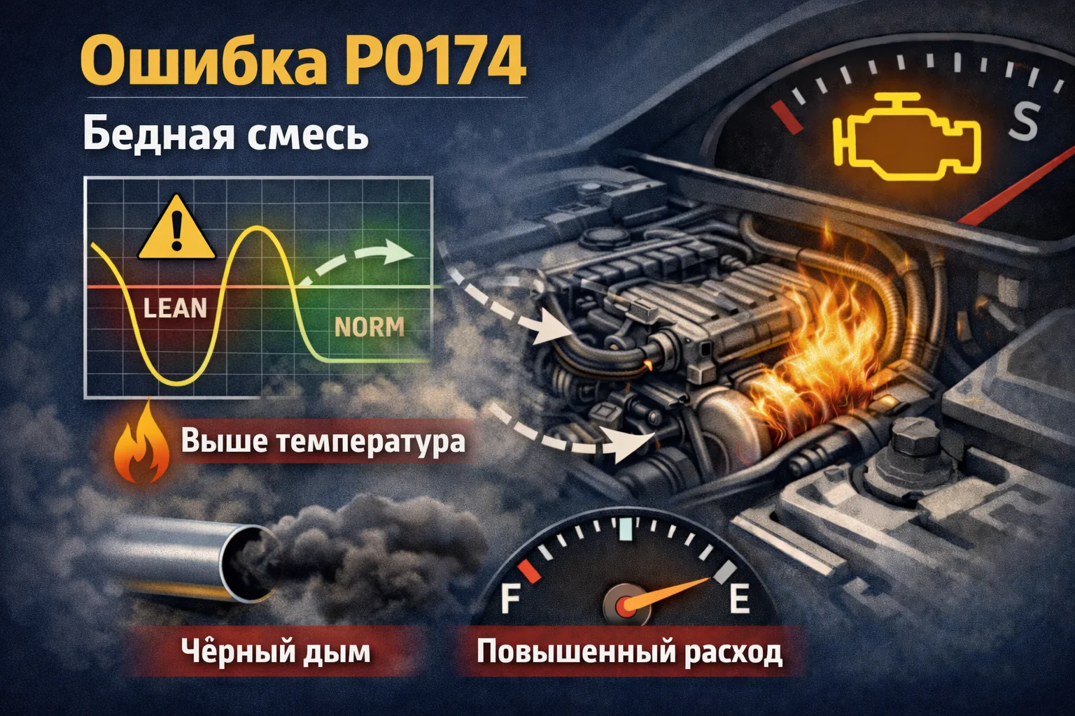 Ошибка P0174 — бедная смесь во втором банке: чем отличается от P0171 и где искать причину