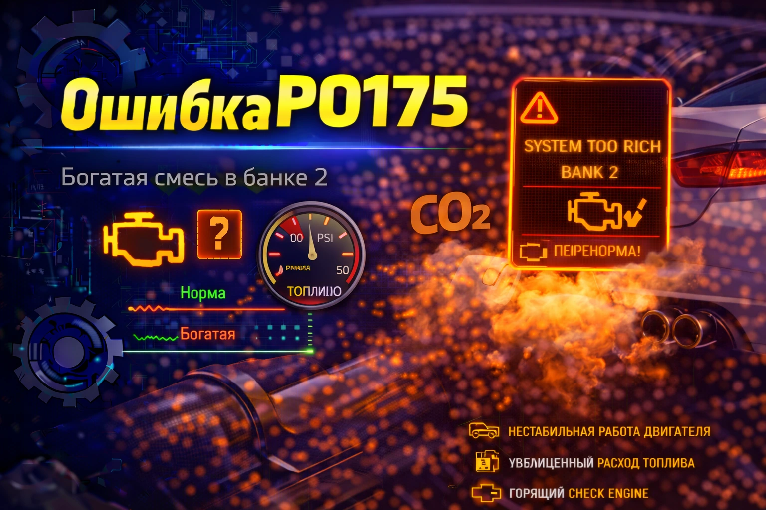 Ошибка P0175 — слишком богатая смесь Bank 2: когда вторая банка начинает жить в переливе, а мотор ещё пытается делать вид, что всё под контролем