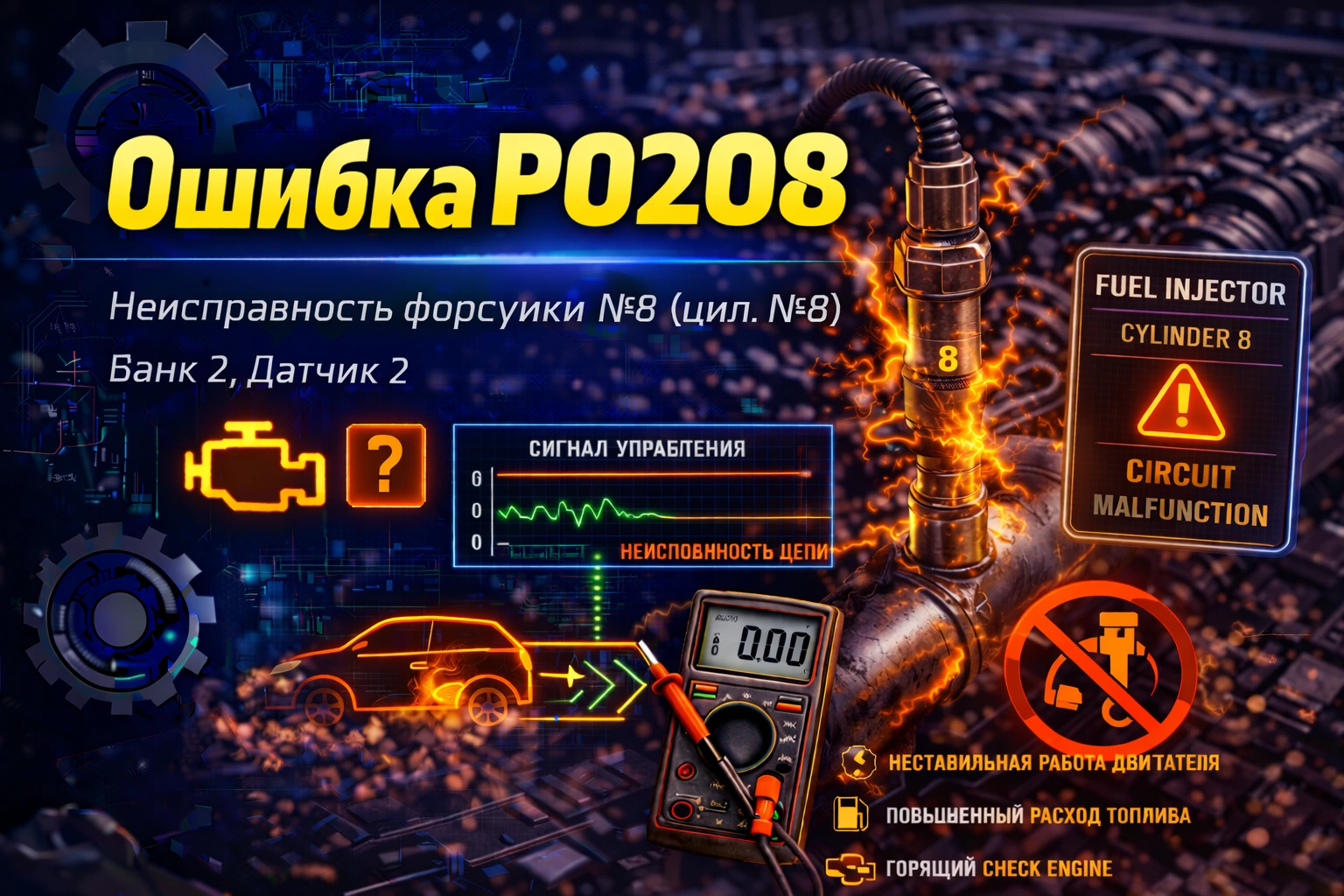 Ошибка P0208 — неисправность цепи форсунки 8 цилиндра: когда впрыск в одном цилиндре отваливается и мотор начинает работать неровно даже без яркой паники