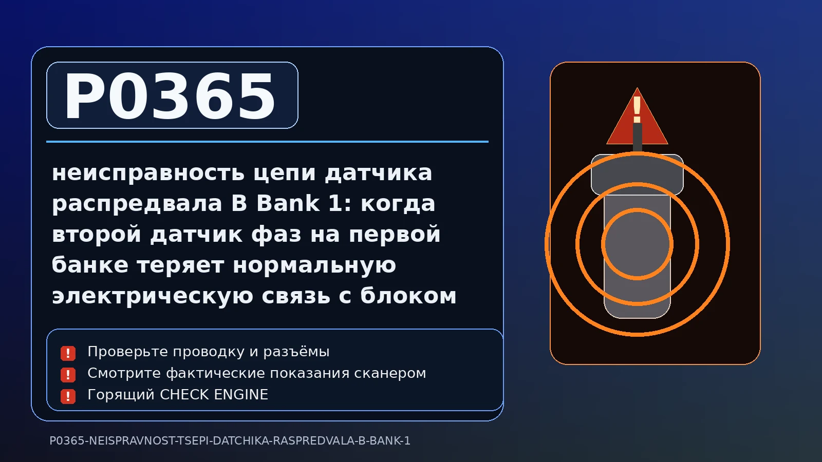 Ошибка P0365 — неисправность цепи датчика распредвала B Bank 1: когда второй датчик фаз на первой банке теряет нормальную электрическую связь с блоком