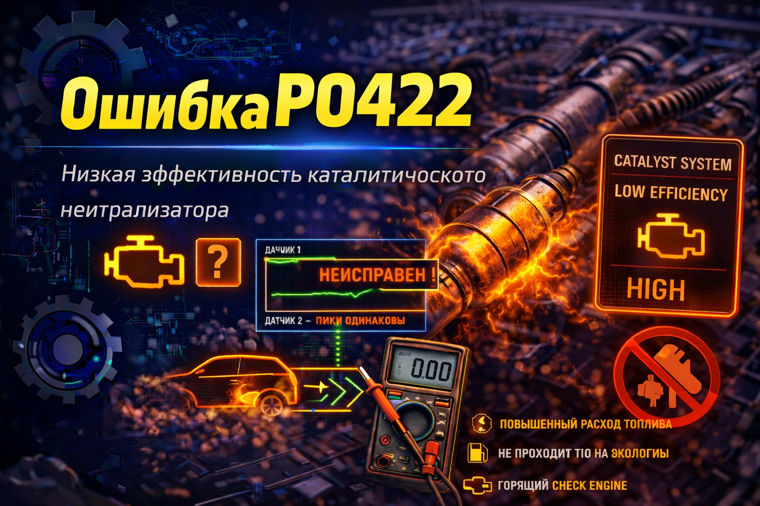 Ошибка P0422 — низкая эффективность основного катализатора Bank 1: когда катализатор ещё не выглядит мёртвым окончательно, но уже перестаёт честно делать свою работу